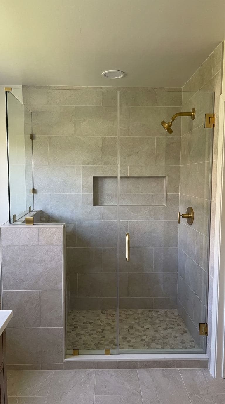 A tiled shower wall and bench in a completed Los Angeles bathroom