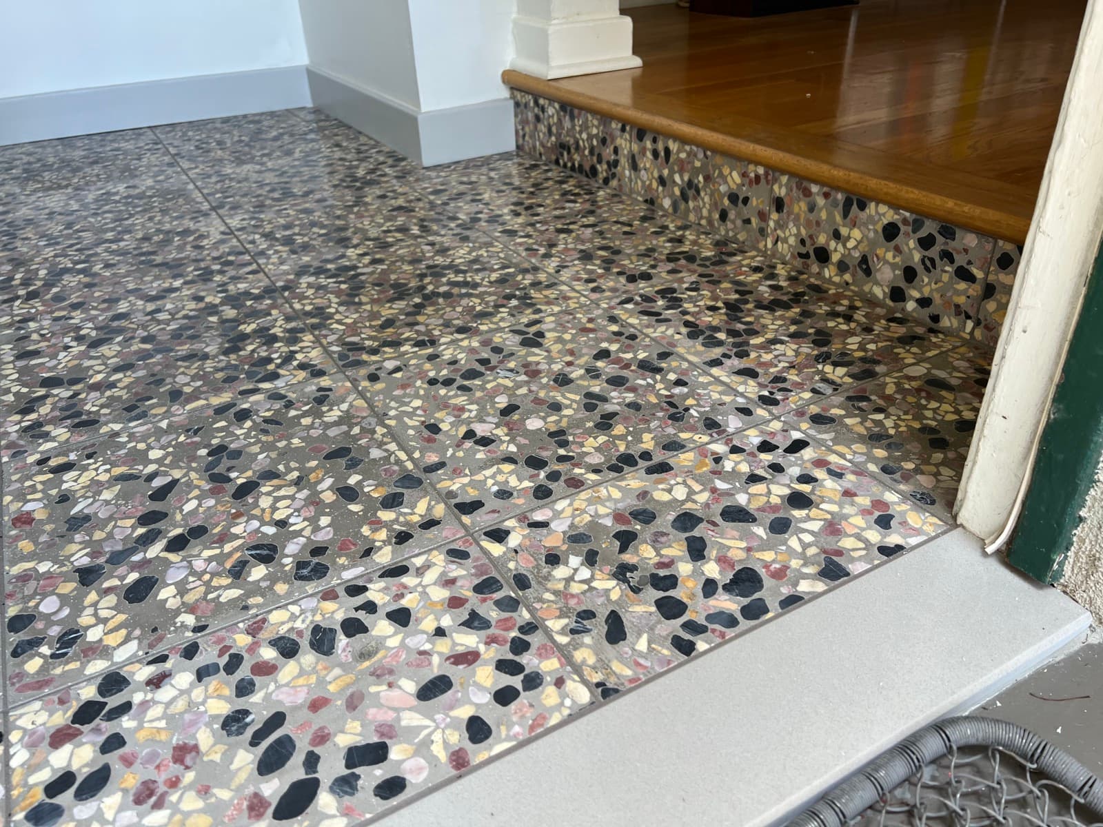 The terrazzo carried up the riser of the step to the hardwood, with a stone threshold at the door.