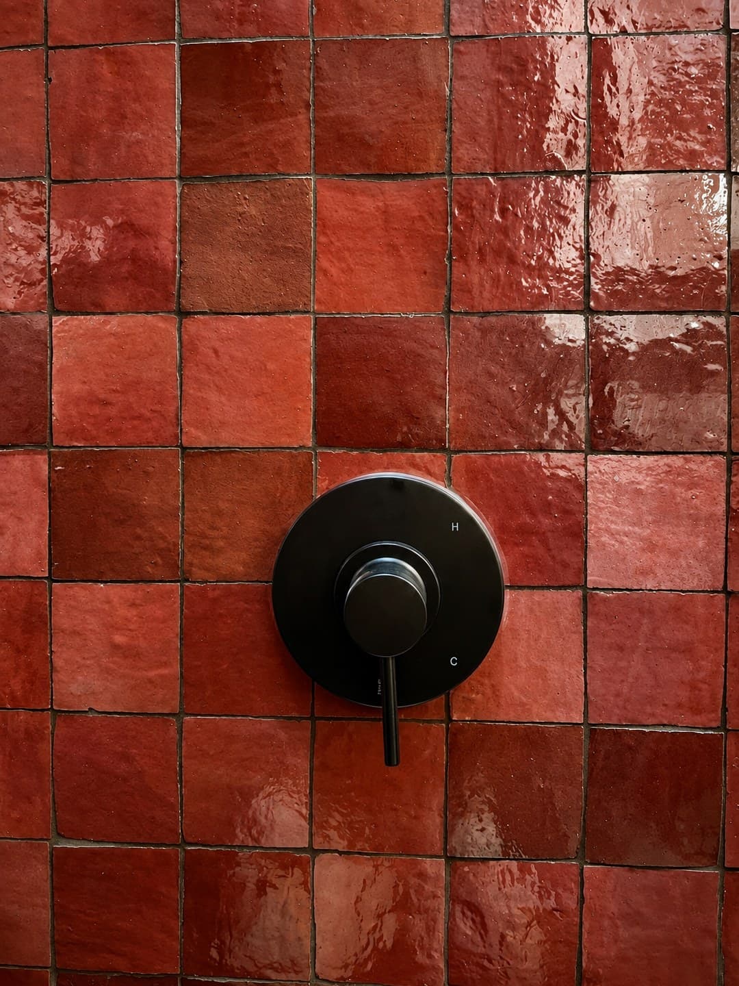 The matte black Perigold shower valve set into the rouge zellige wall.